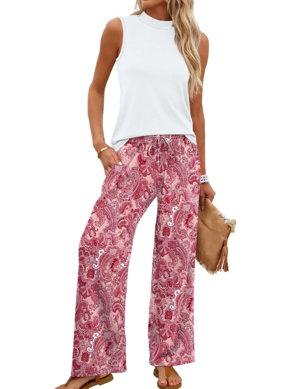 🆕Women Floral Pink 2 Piece Set Summer Spring Outfits Mock Neck Wide Leg Pants